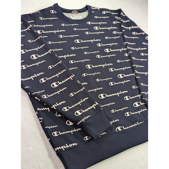Champion Navy All-Over Script Logo Crewneck Sweatshirt Size 2XL - Picture 3 of 12